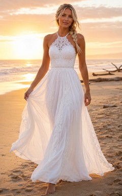 Beach Halter Lace Bodice Chiffon A-Line Wedding Dress
