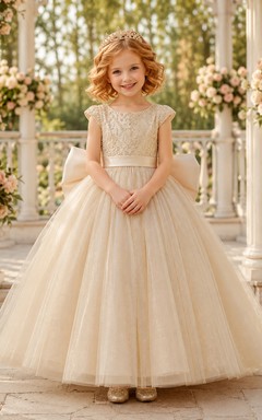 Flower Girl Dress Champagne Lace Tulle Ball Gown Jewel Neck Floor Length Bow Back