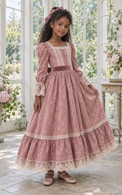 Langärmeliges, eckiges Ausschnitt-Blumenmädchenkleid in A-Linie mit Rosenmuster, Spitze, knöchellangen Einsätzen und Rüschensaum