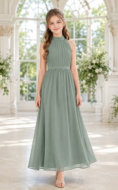 Celadonfarbenes Brautjungfernkleid für junge Damen, A-Linie, hoher Kragen, ärmellos, wadenlang, Chiffon, plissiert, dezent