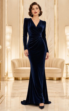Dunkelblaues, langärmeliges Samtkleid im Vintage-Meerjungfrauen-Stil
