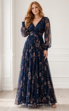 Navy floral long sleeve V-neck floor length A-line formal dress