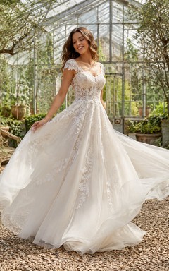 Garten-Brautkleid mit schulterfreiem Schnitt, Spitzenapplikationen und A-Linie