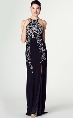 Pencil Midi Split-Front Sleeveless High Neck Chiffon Prom Dress With Pleats And Beading