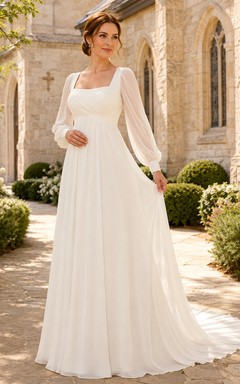 Vestido de novia bohemio de gasa, corte en A, escote cuadrado, manga larga, cola larga.
