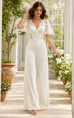 Romantic V Neck Flutter Lace Sleeve Wide Leg Garden Wedding Jumpsuit