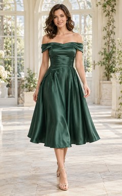 Tea-length Dark Green Off Shoulder Ruched Satin Cocktail Dress