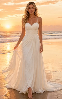 Beach Chiffon Tulle Wedding Dress A-Line Off Shoulder Sweep Train with Slit Bridal Gown