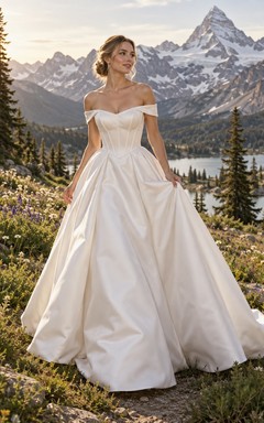 Simple Off Shoulder Duchess Satin Wedding Dress with Paneled Bodice and Ball Gown Train