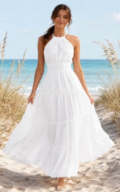 White Chiffon Halter Sleeveless Tiered A-Line Tea-Length Beach Dress