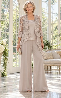 Taupe Scalloped Floral Lace Jacket Wide Leg Mother Pantsuit