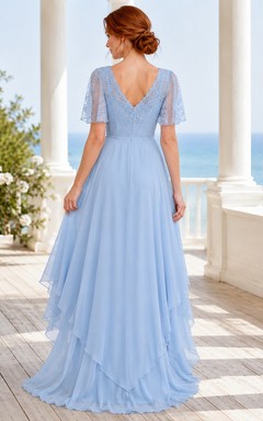 Sky Blue Chiffon V-Neck Short-Sleeve High-Low Evening Dress
