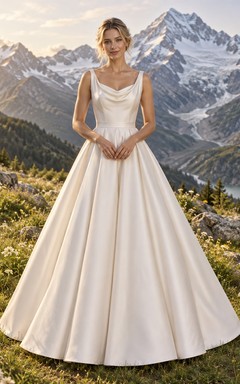 Vestido de novia sencillo de satén con escote drapeado, corte en A, sin mangas y cola.