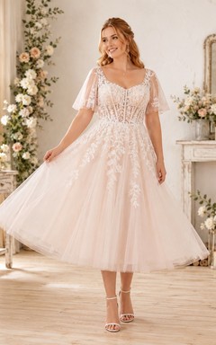 Plus-Size Blush Teelänge Eckiger Ausschnitt Korsettspitze Flatterärmel Tüll A-Linien-Brautkleid