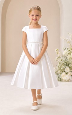 Satin-Blumenmädchenkleid in Teelänge mit quadratischem Ausschnitt, kurzen Ärmeln und eckigem Ausschnitt, für Kommunion, Teelänge
