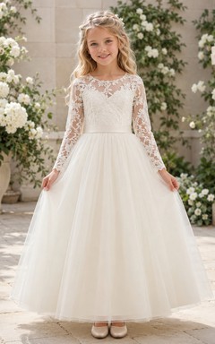 Flower Girl Dress Ivory Lace Tulle A-Line Jewel Neck Tea Length