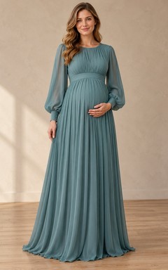 Maternity Long Sleeve Modest Spa Jewel Neck Pleated Chiffon Gown