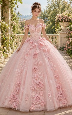 Blushing Pink Luxury Off Shoulder Sculpted Rose Applique Quinceanera Princess Ball Gown