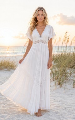 Boho-Strand-Maxikleid in A-Linie mit V-Ausschnitt, flatternden Ärmeln und Spitzenbesatz