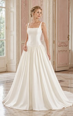 Robe de mariée de bal en satin à taille basse et col carré