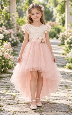 High-low Blushing Pink Lace Cap Sleeve Flower Girl Dress