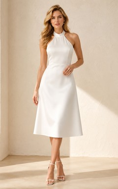 Einfaches, hochgeschlossenes Satin-Brautkleid in Teelänge und A-Linie mit Neckholder