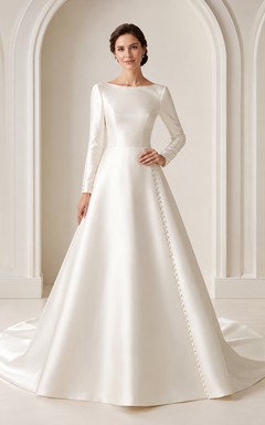Long Sleeve Bateau Satin A Line Pearl Button Wedding Dress