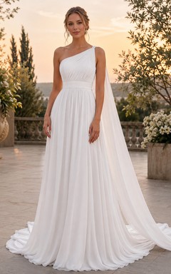 Flowing One Shoulder Pleated Chiffon A-Line Sweep Free Ceremony Wedding Dress