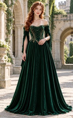 Medieval Dark Green Off Shoulder Gold Trim Velvet Corset Prom Dress