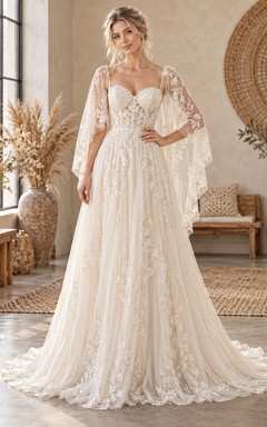 Boho Country Sweetheart Cape Sleeve Floral Lace A-line Wedding Dress