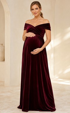Burgundy Velvet Off-the-shoulder Short Sleeve Empire Maternity Gown