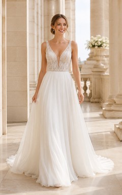 Brautkleid aus Chiffon in A-Linie mit V-Ausschnitt, Spitzenoberteil und Kapellenschleppe