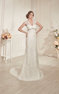 Sheath Maxi V-Neck Cap-Sleeve Keyhole Lace Dress With Beading