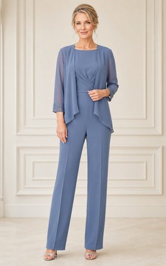 Mother Steel Blue Chiffon Pantsuit with Jewel Neck Jacket and Straight Leg Pants