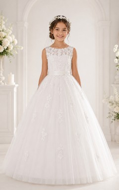 Vestido de baile de primera comunión sin mangas con encaje transparente y tul blanco