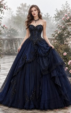Dark Navy Sweetheart Sleeveless Tiered Tulle Ball Gown Floor-Length Prom Dress