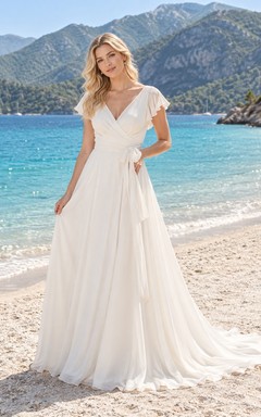 Simple V Neck Short Sleeve Chiffon Wrap Bridal Gown with Train