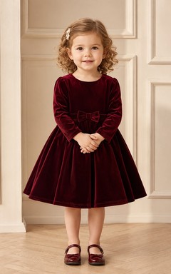 Burgundy Velvet Bow Long Sleeve Flowergirl Dress Classic Occasion
