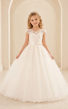 Lace Bodice Tulle A-Line Flower Girl Dress with Short Sleeves, Jewel Neck and Tea-Length Skirt