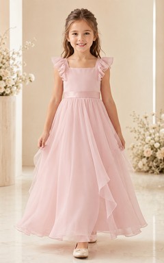 Blumenmädchenkleid aus rosafarbenem Chiffon, A-Linie, V-Ausschnitt, Teelänge, plissiert