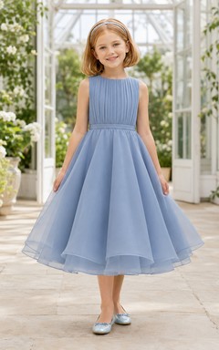 Blumenmädchenkleid, stahlblau, Chiffon, A-Linie, ärmellos, eckiger Ausschnitt, Teelänge