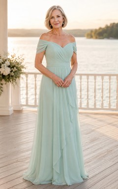 Mintgrünes schulterfreies Chiffon-A-Linien-Kleid für Mütter