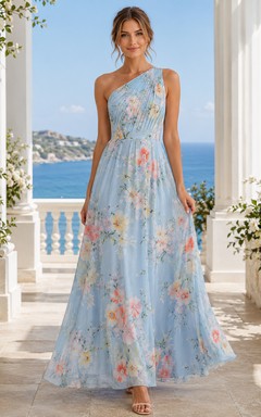 Blue Floral One Shoulder Chiffon Guest Maxi Dress