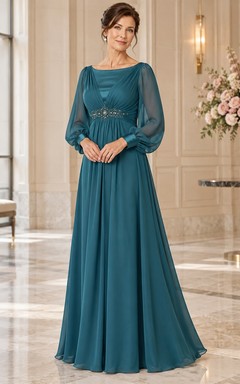 Vestido de novia de corte imperio, manga larga, estilo barco, de gasa con cuentas y corte en A, color verde azulado, para la madre de la novia.