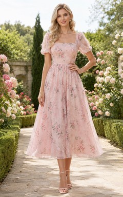 Romantisches Chiffon-Gästekleid in Rosé-Rosé-Optik, A-Linie, Teelänge, eckig, Kurzarm