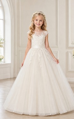 Floral Lace Cap Sleeve Tulle Ball Gown Floor-Length Bow Wedding Flower Girl Dress