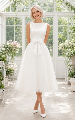 Bow Conservatory White A-Line Tea-Length Bateau Sleeveless Satin Vintage Guest Dress