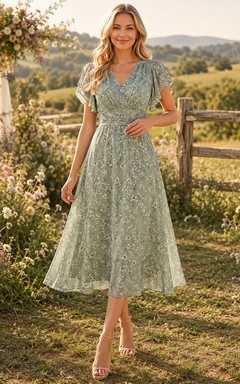 Country Sage Lace V-Neck A-Line Tea-Length Short Sleeve Wedding Guest Dress