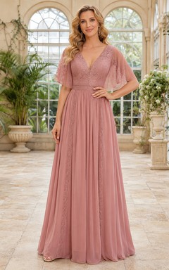 Altrosafarbenes, bodenlanges Boho-Kleid mit V-Ausschnitt, Spitze, flatternden Ärmeln