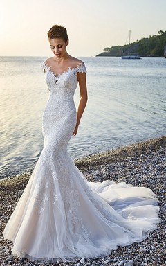 Robe de mariée sirène blanche élégante à col en V, coupe sirène en dentelle illusion et appliques